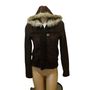 JJ BASICS WOMENS BROWN HOODED FAUX FUR SUEDE ZIP FRONT JACKET SIZE MEDIUM